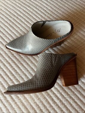 Matisse Blue-Gray Faux Snakeskin Pointed Mule Heels